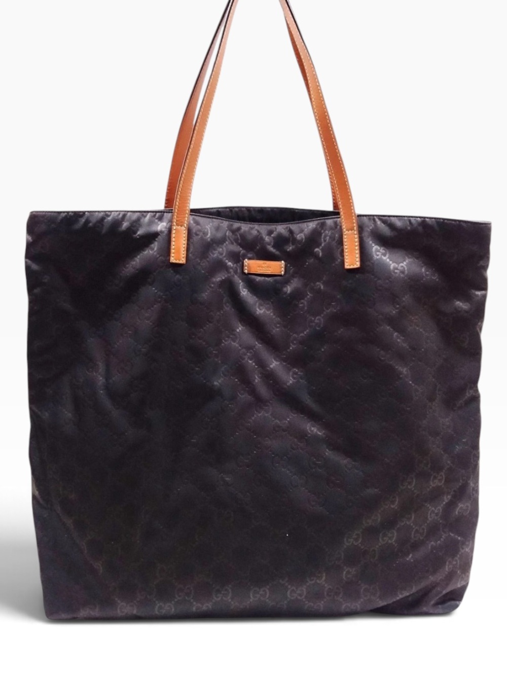 Gucci GG Monogram Nylon Large Tote Bag Black Brown Leather Shoulder Shopper